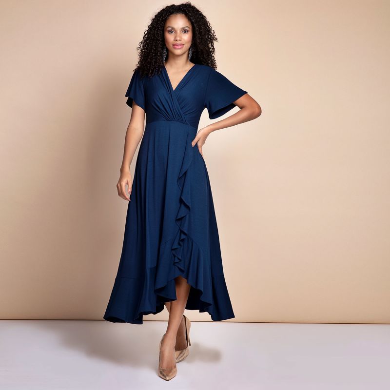 Petite Waterfall Midi Dress In Navy Blue image