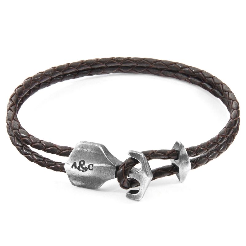 Dark Brown Delta Anchor Silver & Braided Leather Bracelet image