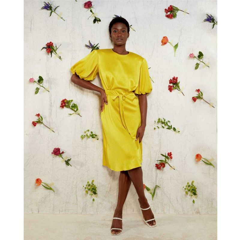 Draped Puff Sleeve Satin Dress - Golden Yellow image