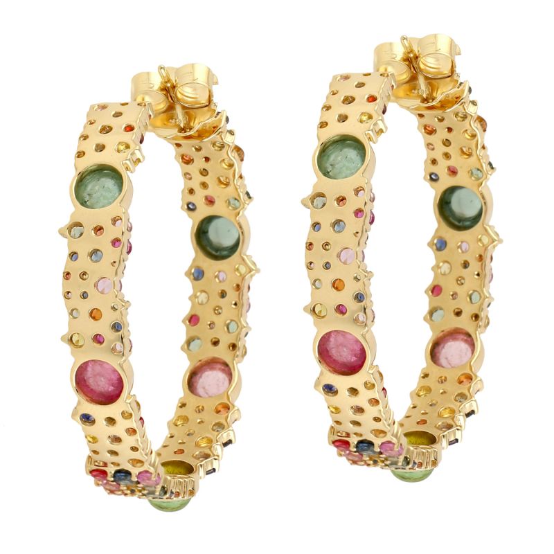 18K Yellow Gold Multi Sapphire Hoop Earrings Women's Jewelry image