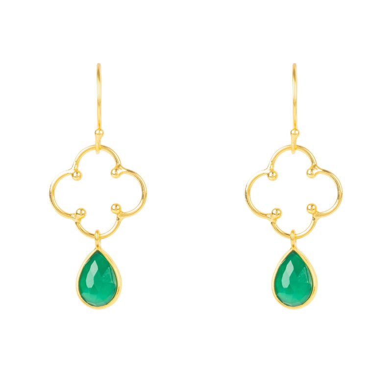 Open Clover Gemstone Drop Earrings Gold Green Onyx image