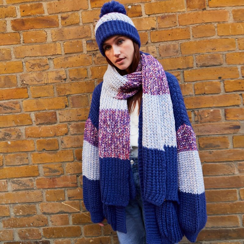 Phoebe Stripe Beanie Bobble Hat - Cobalt image