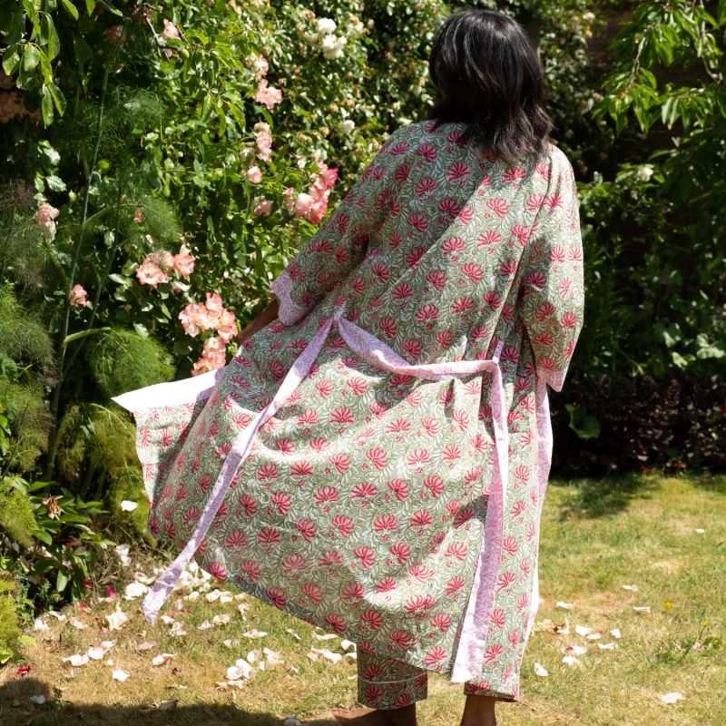 Pink And Green Floral Cotton Full Length Kimono image