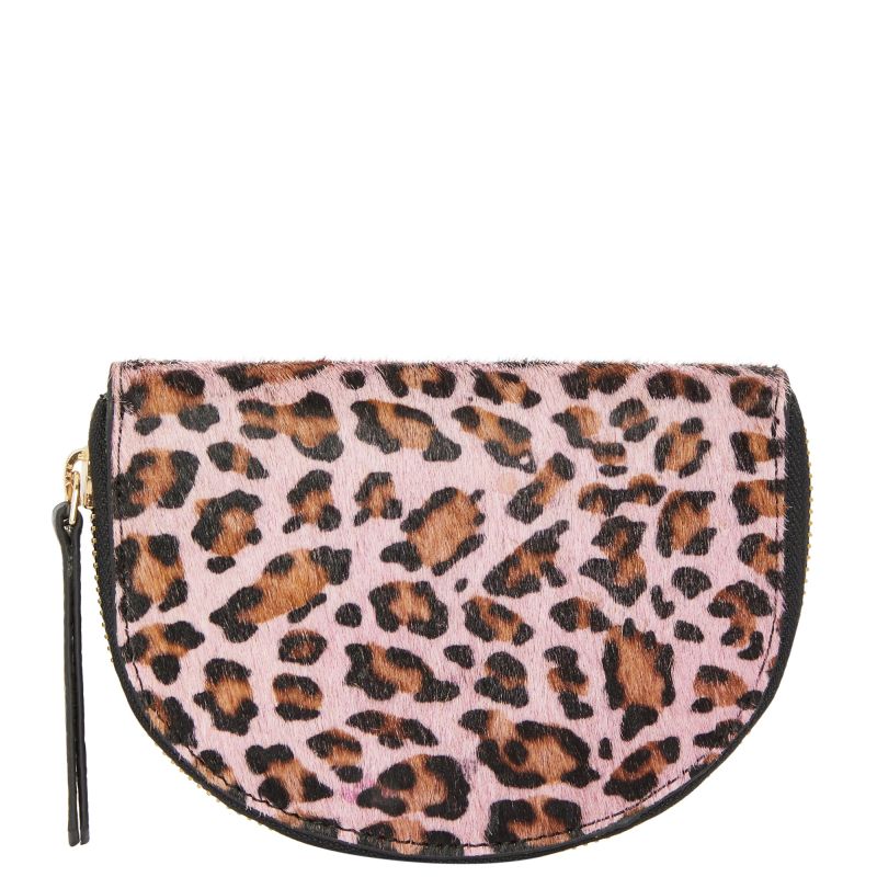 Pink Animal Print Leather Zip Around Half Moon Purse image