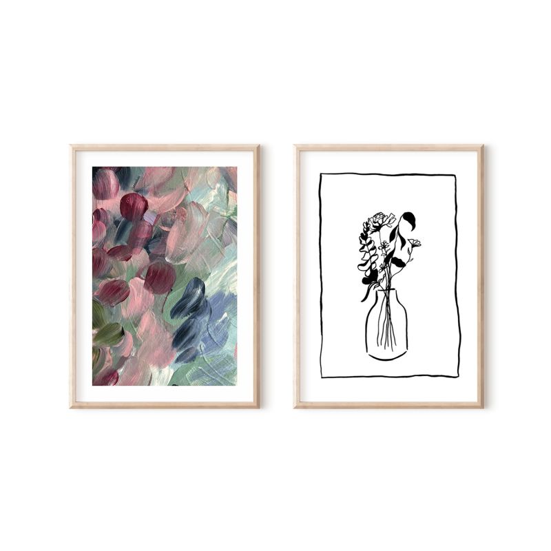 Pink Blossom And Wild Flowers Still Life Drawing - Print Pair image