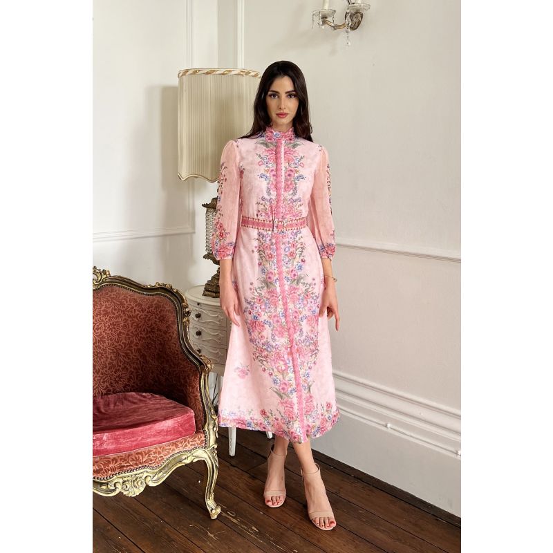 Pink Rose Floral 3/4 Length Sleeve Belted Midi Shirt Dress, Raishma