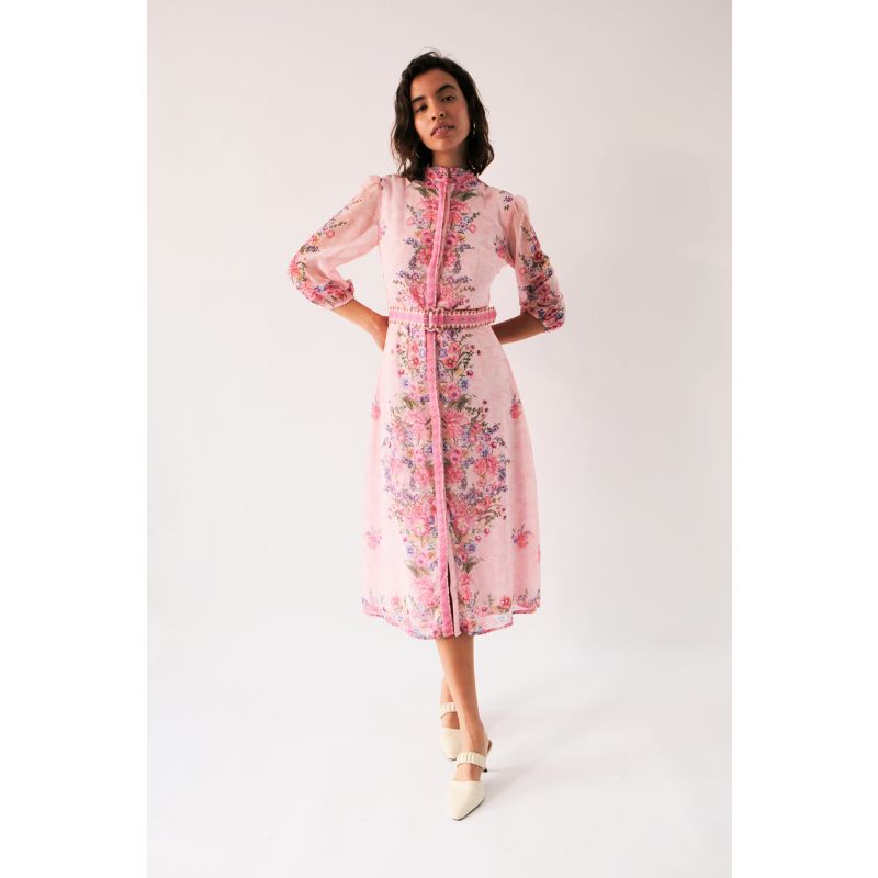 Pink Rose Floral 3/4 Length Sleeve Belted Midi Shirt Dress