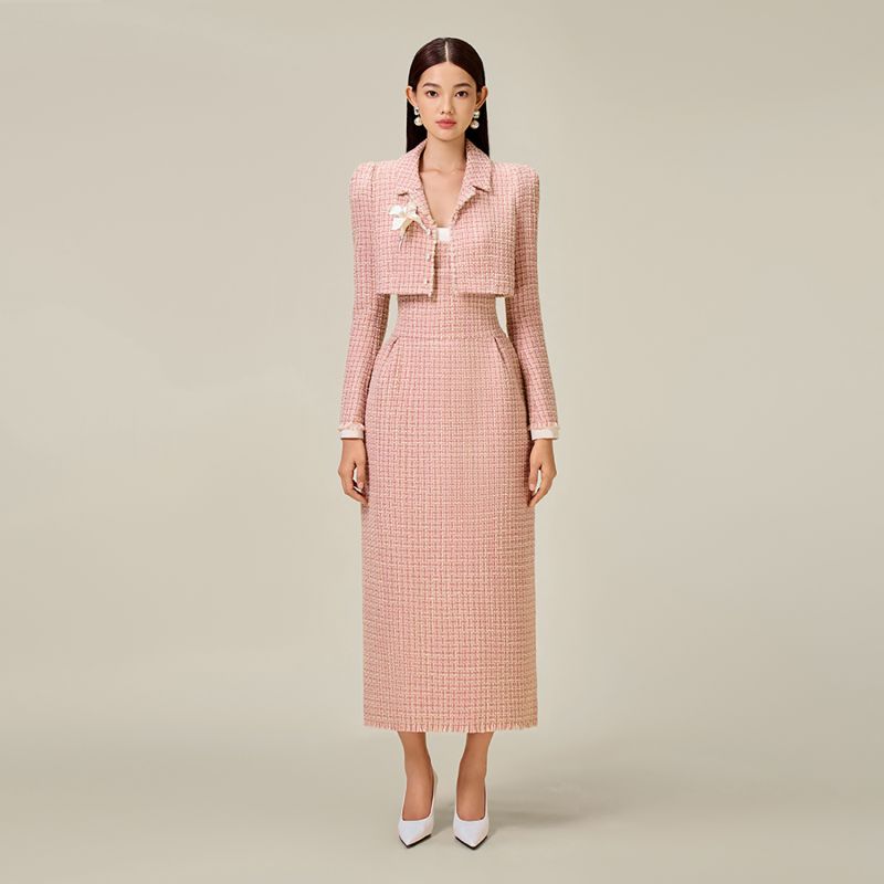 Pink tweed cheap dress suit