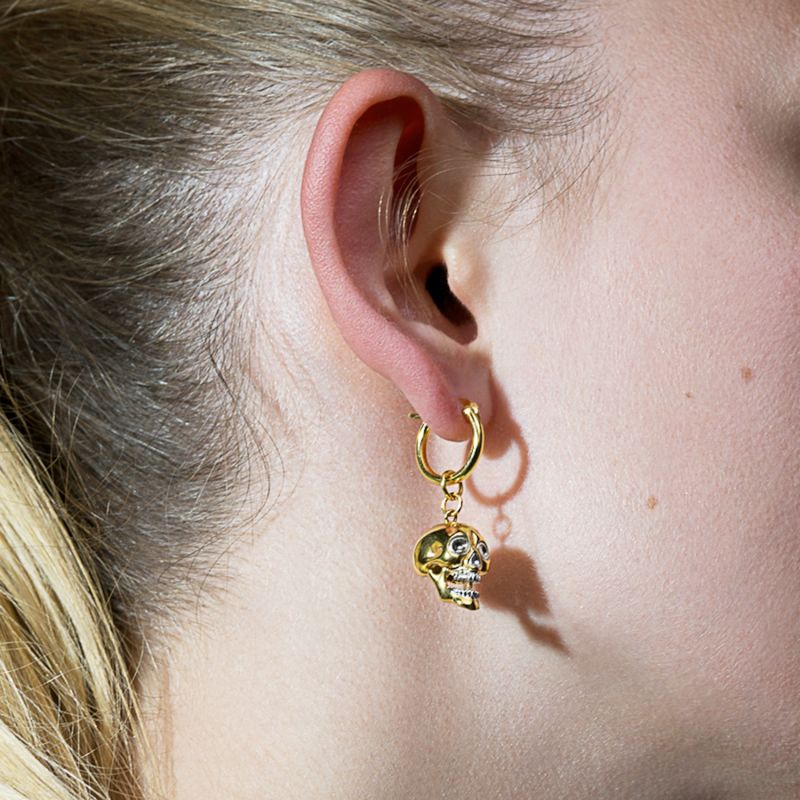 18Kt Gold-Plated 2 Tone Mini Skull Earring On Gold Hoop image