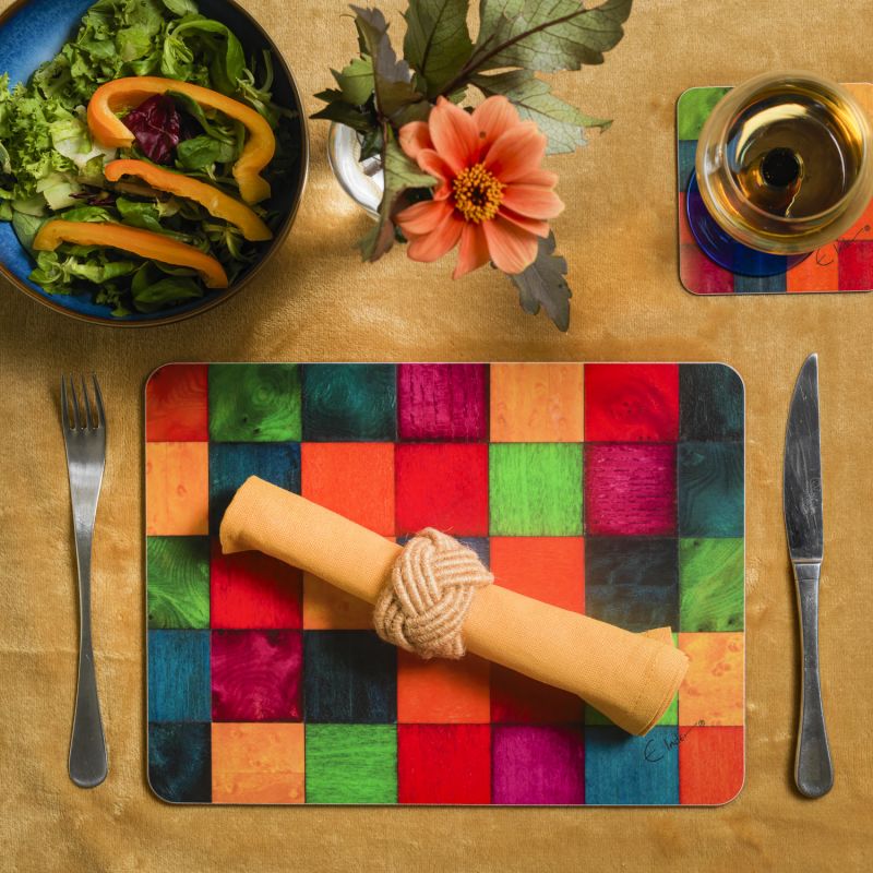 Six Placemats In Heat Proof Melamine. Colourful Rainbow Range. Wipe Clean. Standard U K Size. Tied With Ribbon For Gifting. image