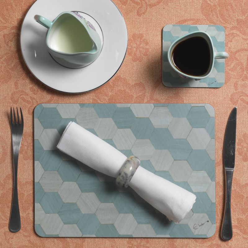 Placemat Set Six Light Blue Standard U K Size. Heat Proof Melamine. Scandi Style. Tied With Ribbon For Gifting. image