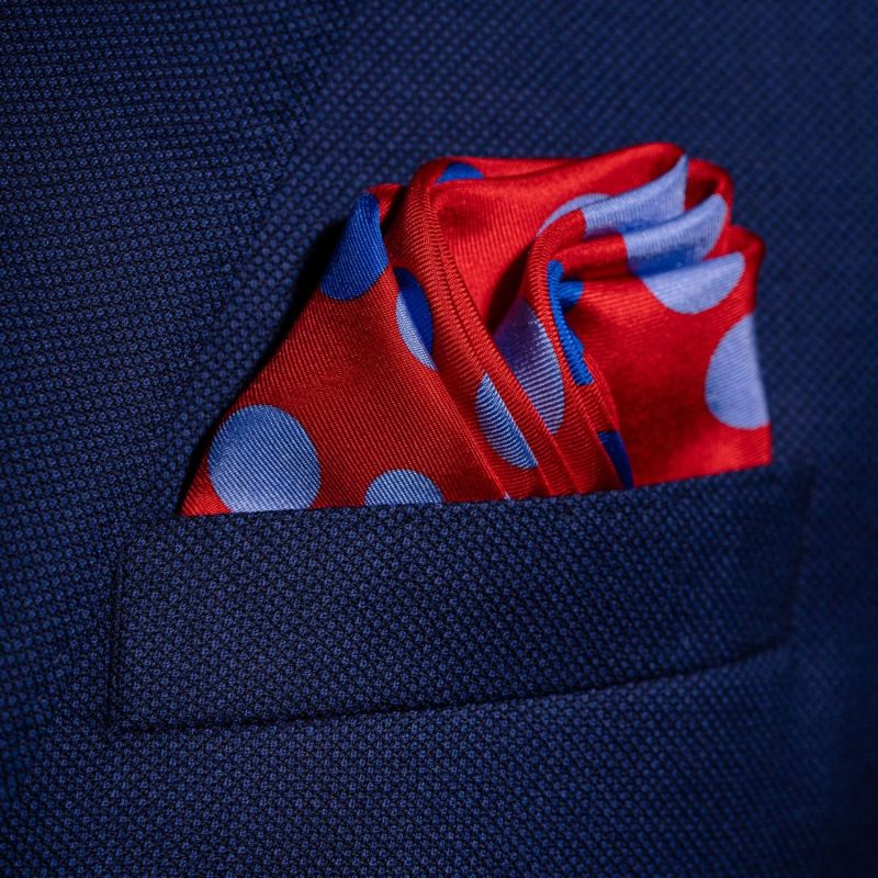 'Planetarium' Polka Dot Silk Pocket Square In Red With Blue. Full-Size. image