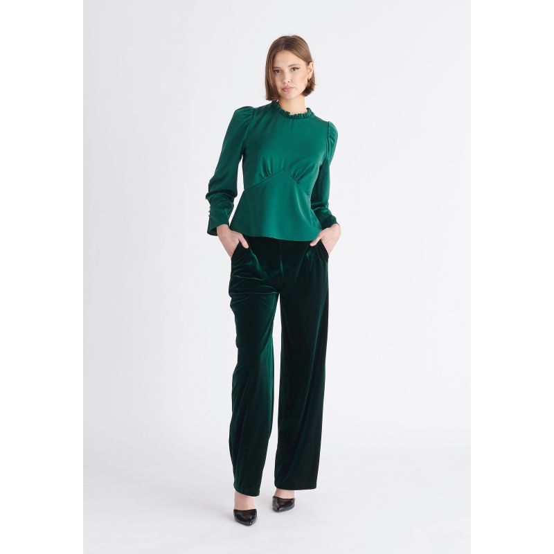 High Waist Velvet Trousers In Dark Green | PAISIE | Wolf & Badger