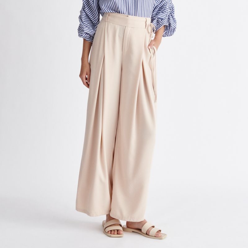 Wide Waistband Pleat Pants Beige