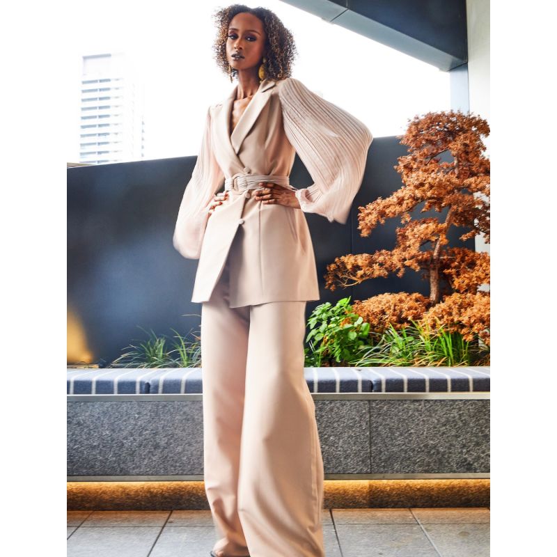 Pleated Sleeves Blazer With Detachable Belt & Palazzo Wide Leg Trouser Suit- Brown image