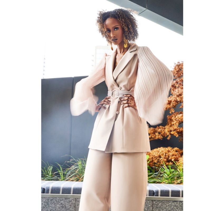 Pleated Sleeves Blazer With Detachable Belt & Palazzo Wide Leg Trouser Suit- Brown image