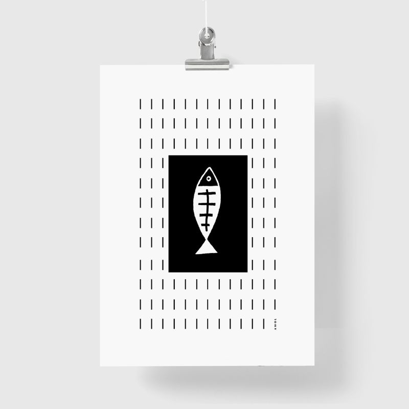 Plenty Of Fish Art Print: Black And White Fish Illustration Swimming Upstream In A Graphic Line Pattern image