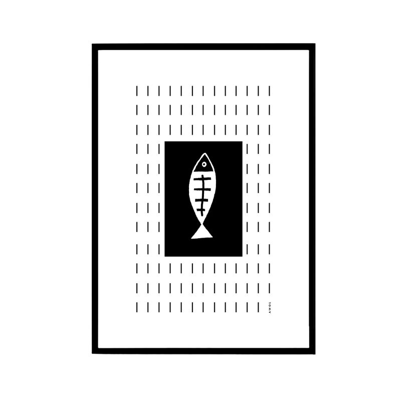 Plenty Of Fish Art Print: Black And White Fish Illustration Swimming Upstream In A Graphic Line Pattern image