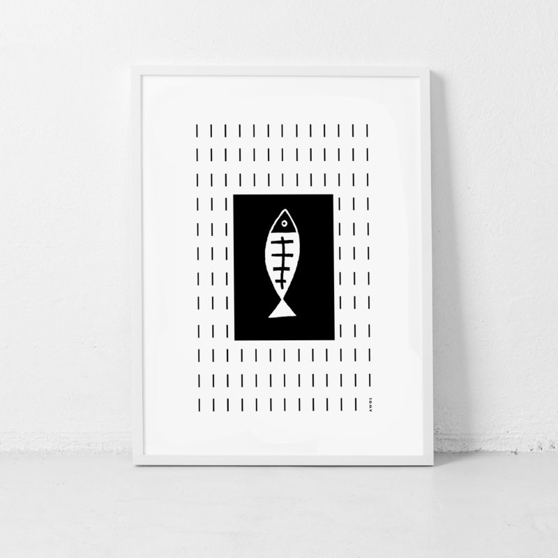 Plenty Of Fish Art Print: Black And White Fish Illustration Swimming Upstream In A Graphic Line Pattern image