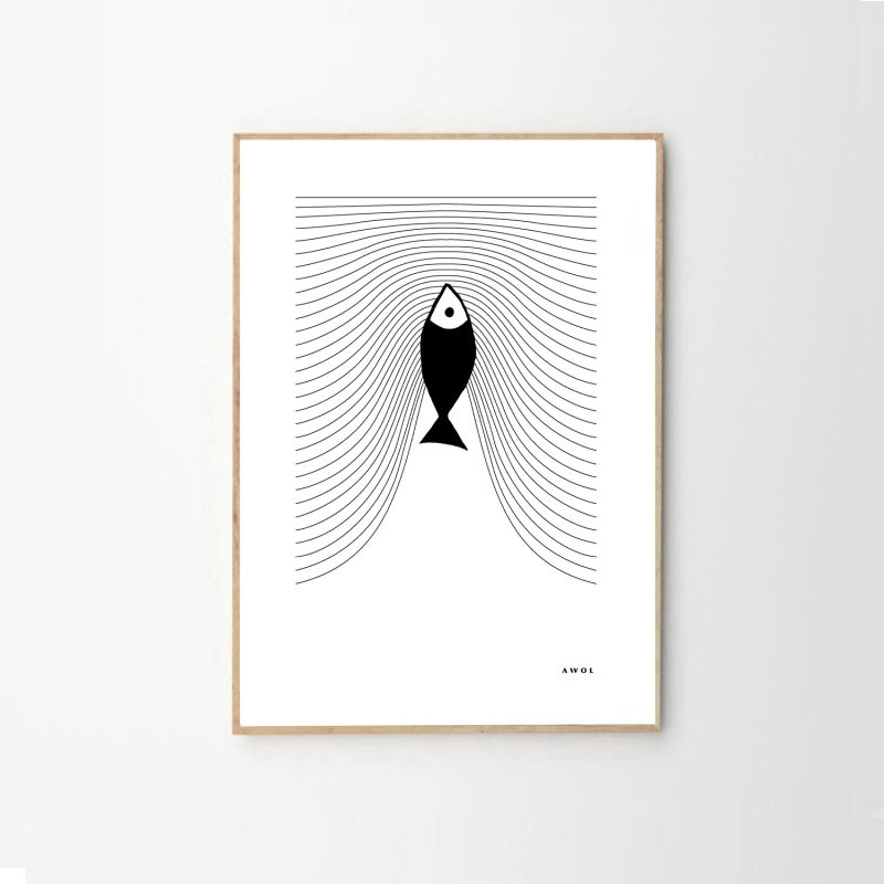 Plenty Of Fish In The Sea: Graphic Fish Art Print With Minimalist Line Wave Pattern image