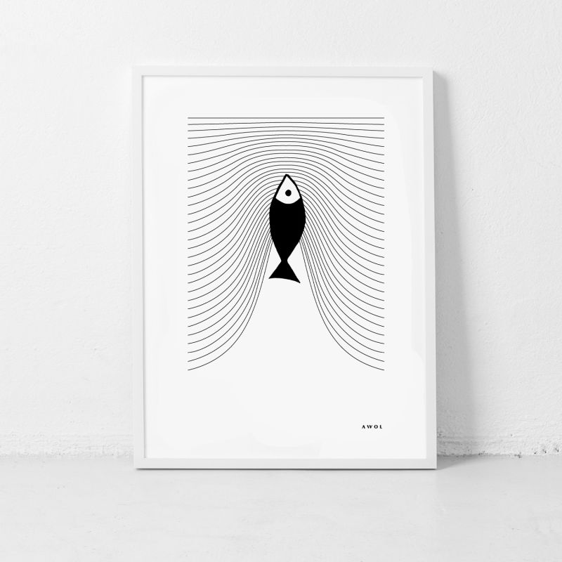 Plenty Of Fish In The Sea: Graphic Fish Art Print With Minimalist Line Wave Pattern image