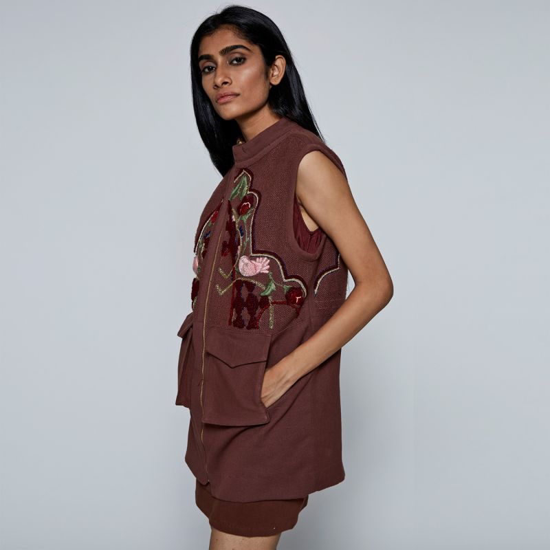 The Hand-Embroidered Rasha Vest In Brown image