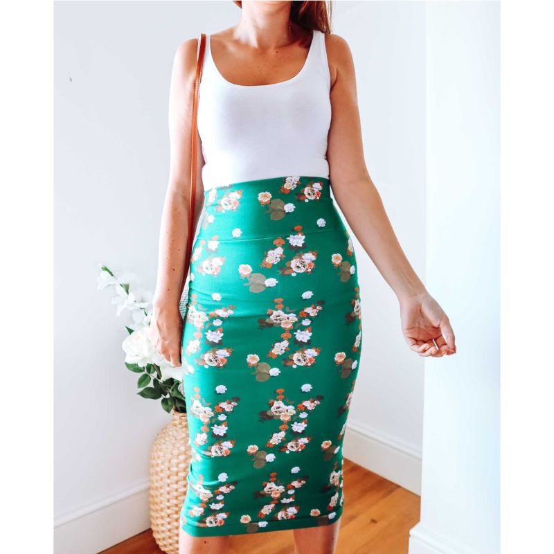 Green Floral Midi Jersey Skirt image