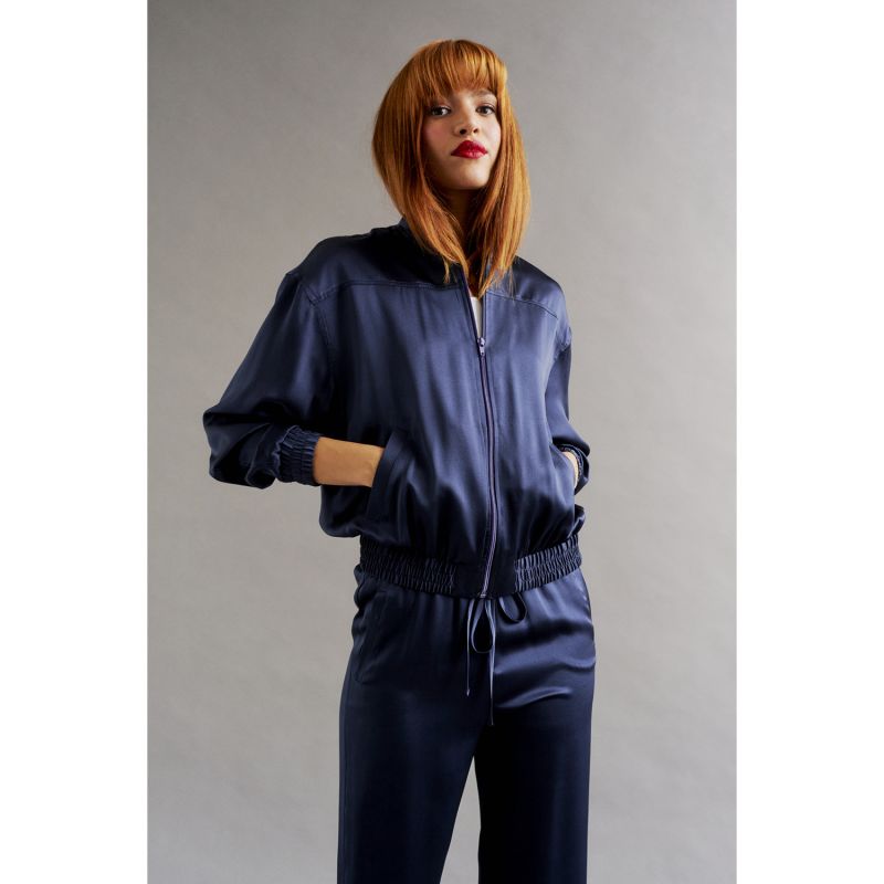 Navy silk bomber jacket top
