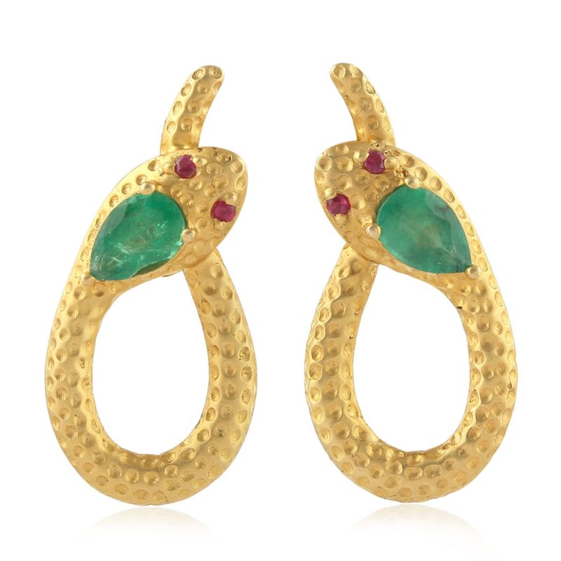 18K Yellow Gold Snake Dangle Earrings Natural Emerald Ruby Jewelry image