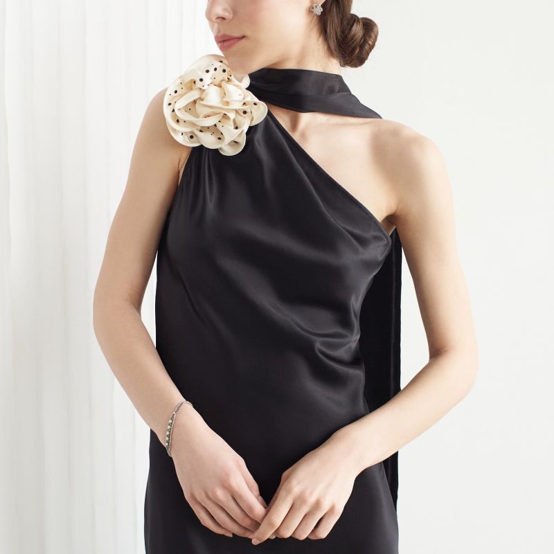 Portia One-Sleeve Dress Noir With Crystallised Floral Cream Corsage image