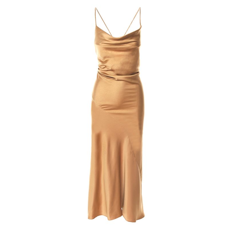 Tulum Cowl Neck Satin Ankle Dress In Gold image