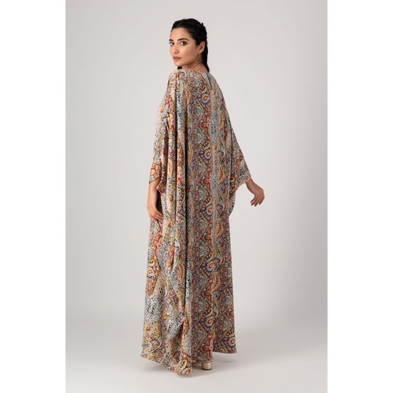 Mariposa Cut Kaftan With Center Fold In Printed Paisley Silk In Orange image