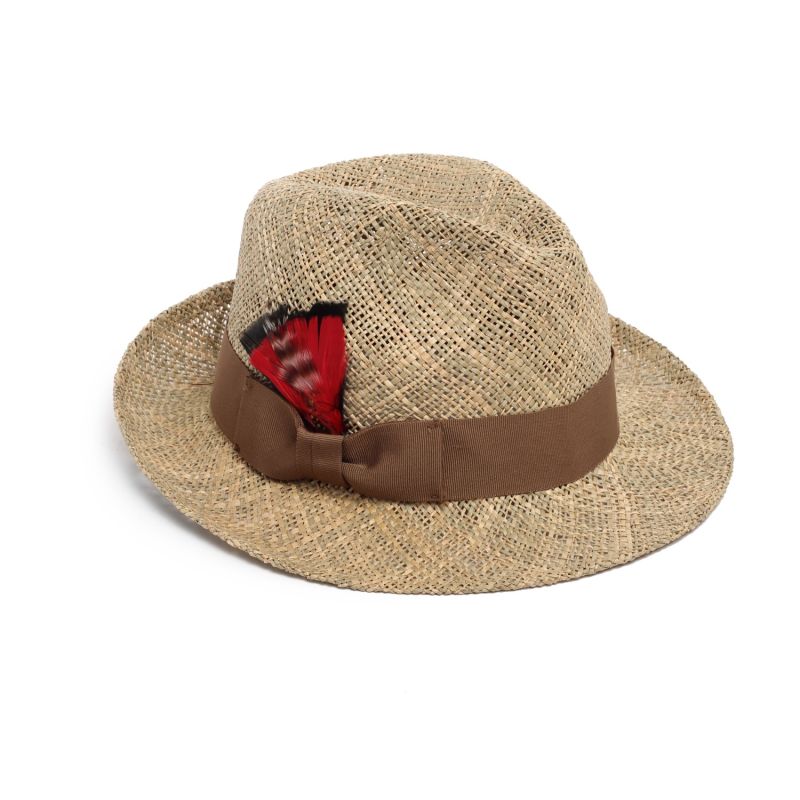 Mens Straw Fedora Hat With Feather image