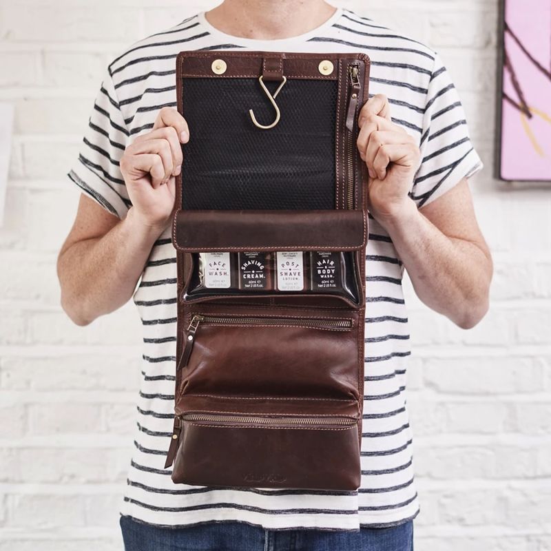 Hanging Dark Brown Leather Wash Bag image