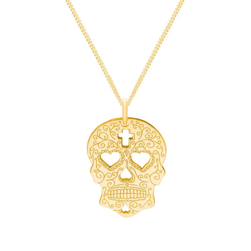 Medium Gold Sugar Skull With Heart Eyes Pendant Necklace image