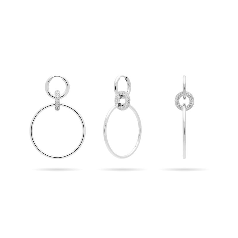 Large Hoop Link Dangle Earrings With Colored Micro-Pave CZ Charm - Silver, Clear Charm image