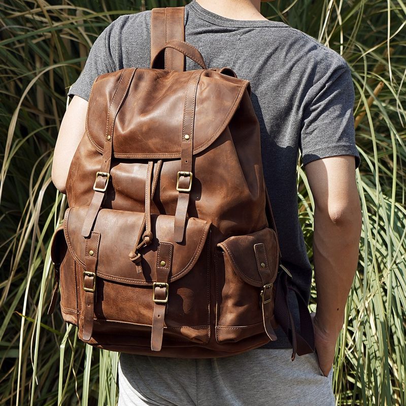 brown leather backpack