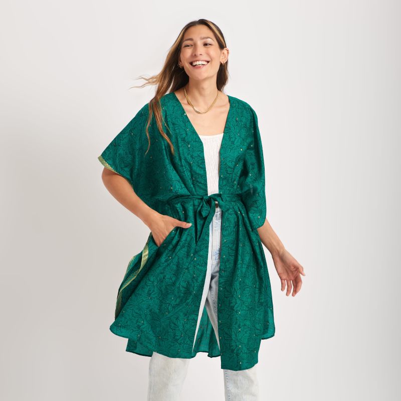 Neem - Emerald Green Vintage Silk Sari Kimono Style Wrap Dress image