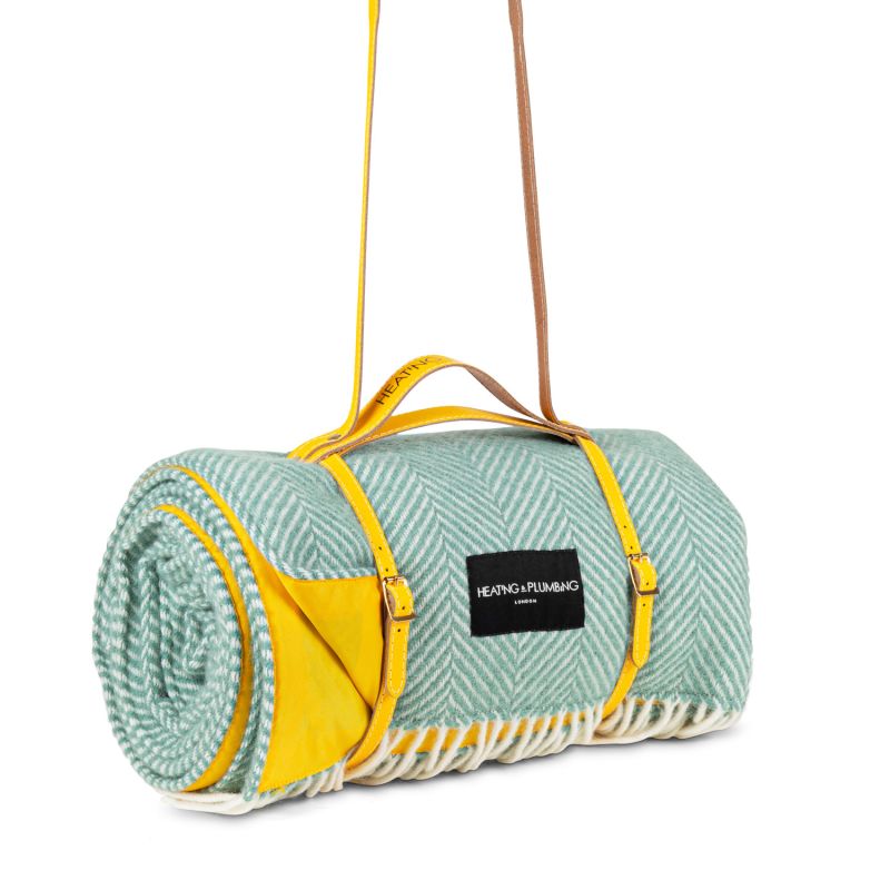 Pure New Wool Waterproof Picnic Blanket Mint Green & Yellow image