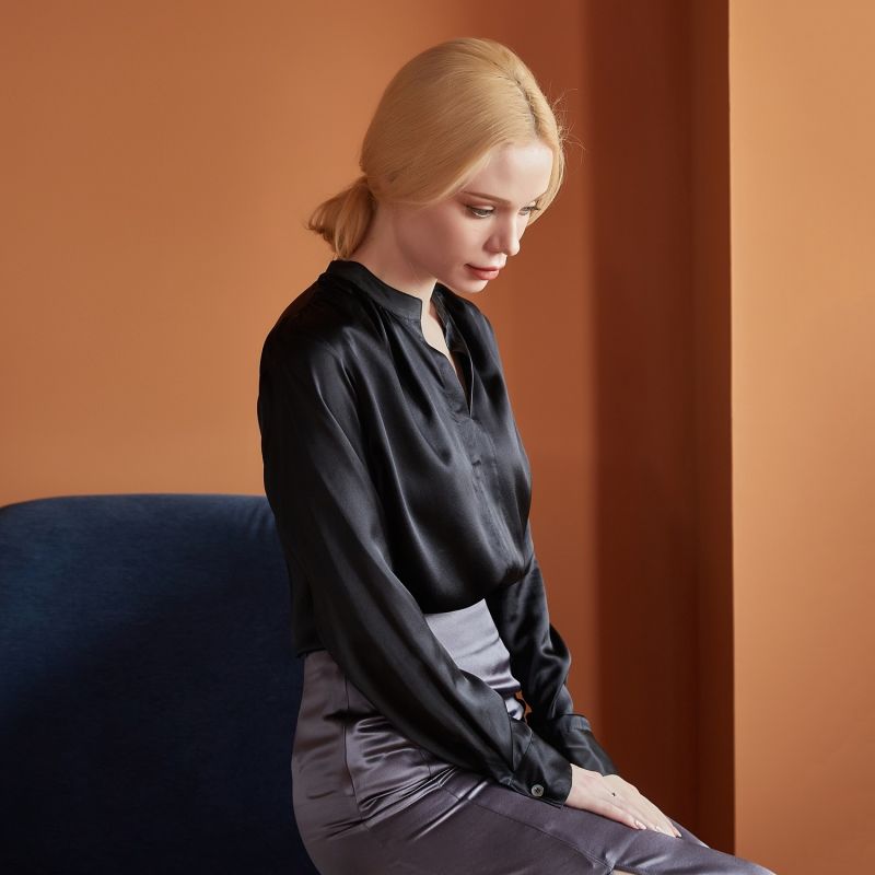 Pure Silk Long Sleeve Y-Neck Blouse | Eshonai image