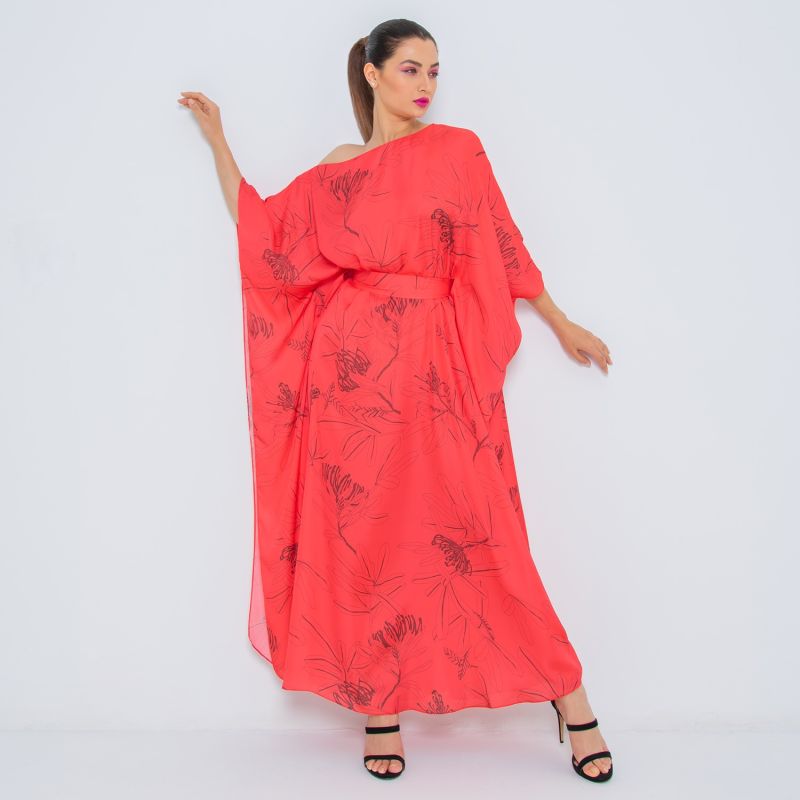 Pure Silk Off Shoulder Kaftan With Semi Concealed Belt- Red image