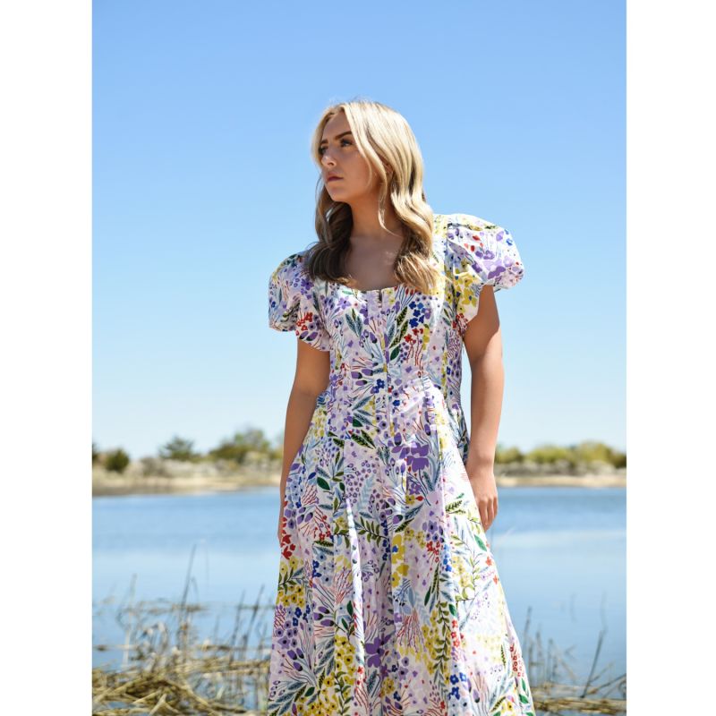 Purple Garden Scoop Neck Cotton Midi Dress