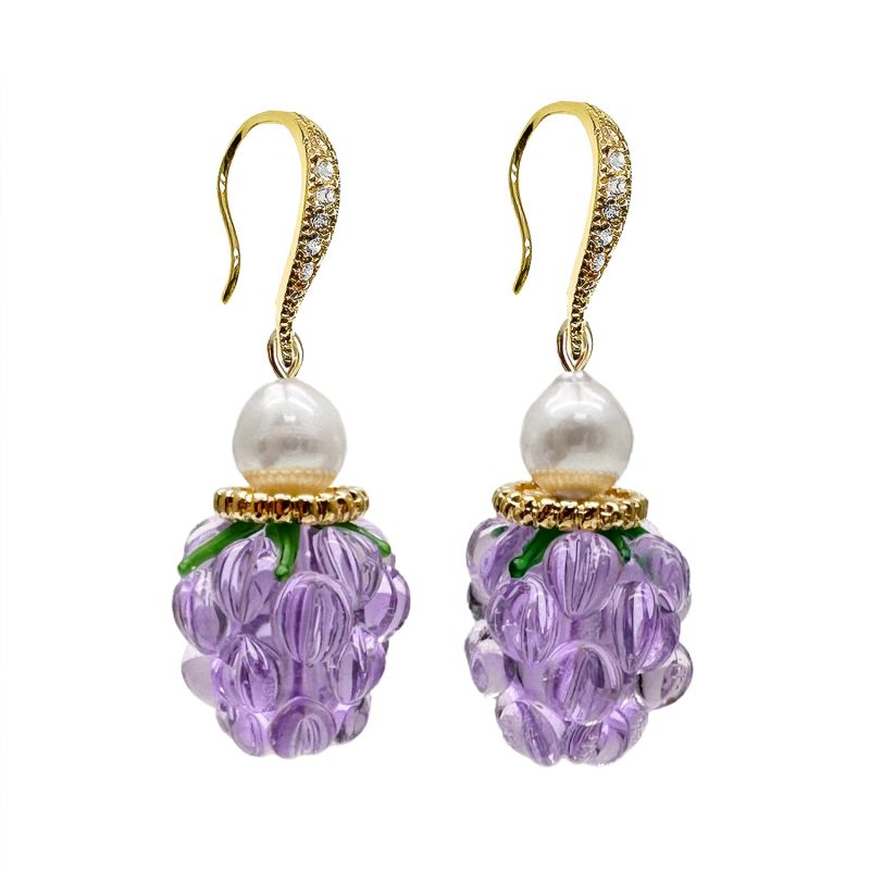 Purple Glass Raspberry With Freshwater Pearls Earrings image