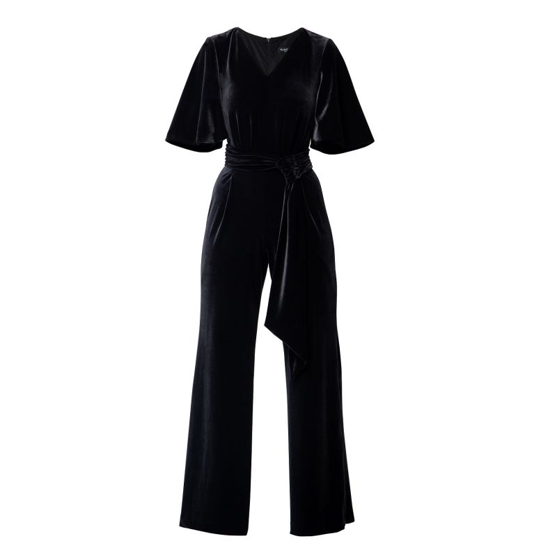 Layla Velvet Jumpsuit With Bell Sleeves & Sash In Black image