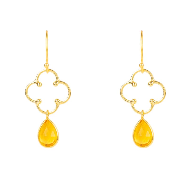 Open Clover Gemstone Drop Earrings Gold Citrine image