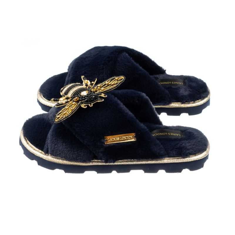 Ultralight Chic Navy Slipper Sliders With Artisan Golden Honey Bee image