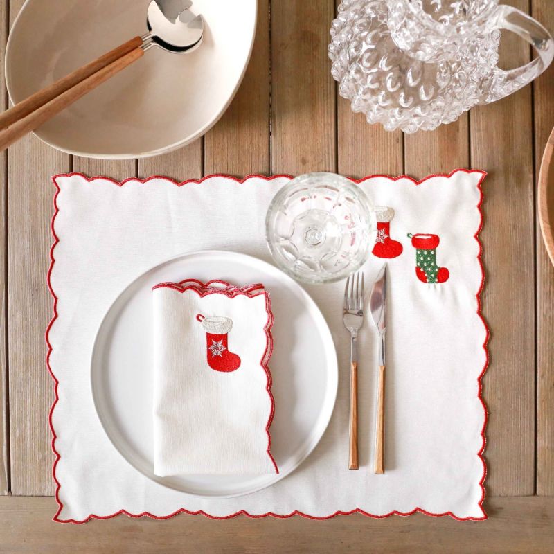 Christmas Stockings Embroidery Cotton Napkins Set Of Two image