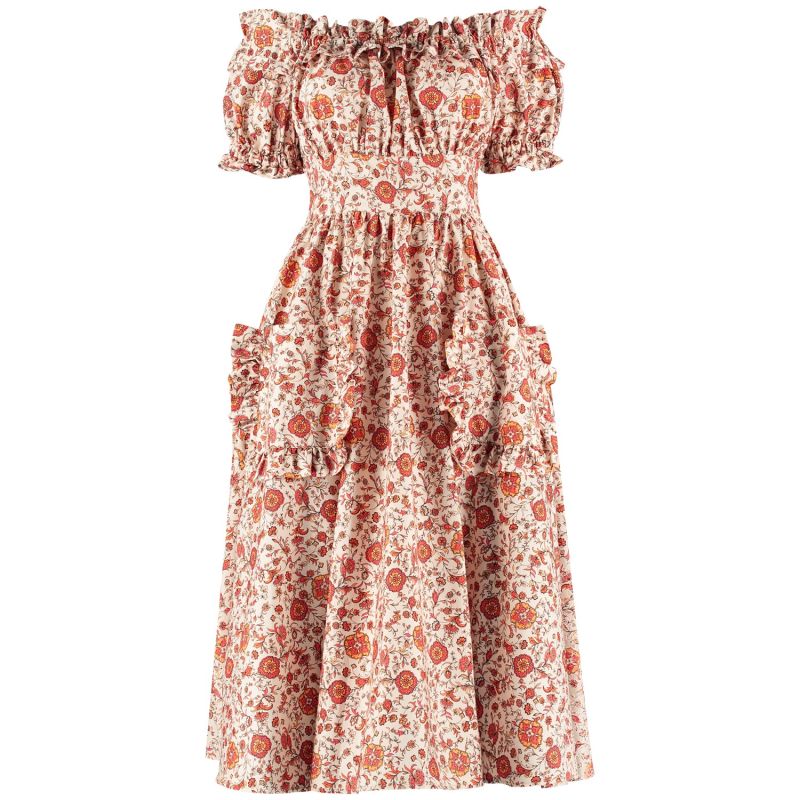 The Tamsin Bardot Ruffle Pocket Midi Dress In Wild Floral | Lavaand ...