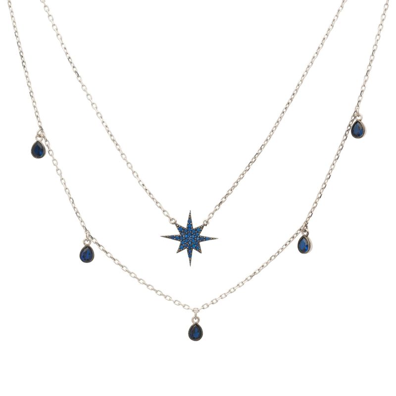 Starburst Double Strand Layered Necklace Silver Sapphire image