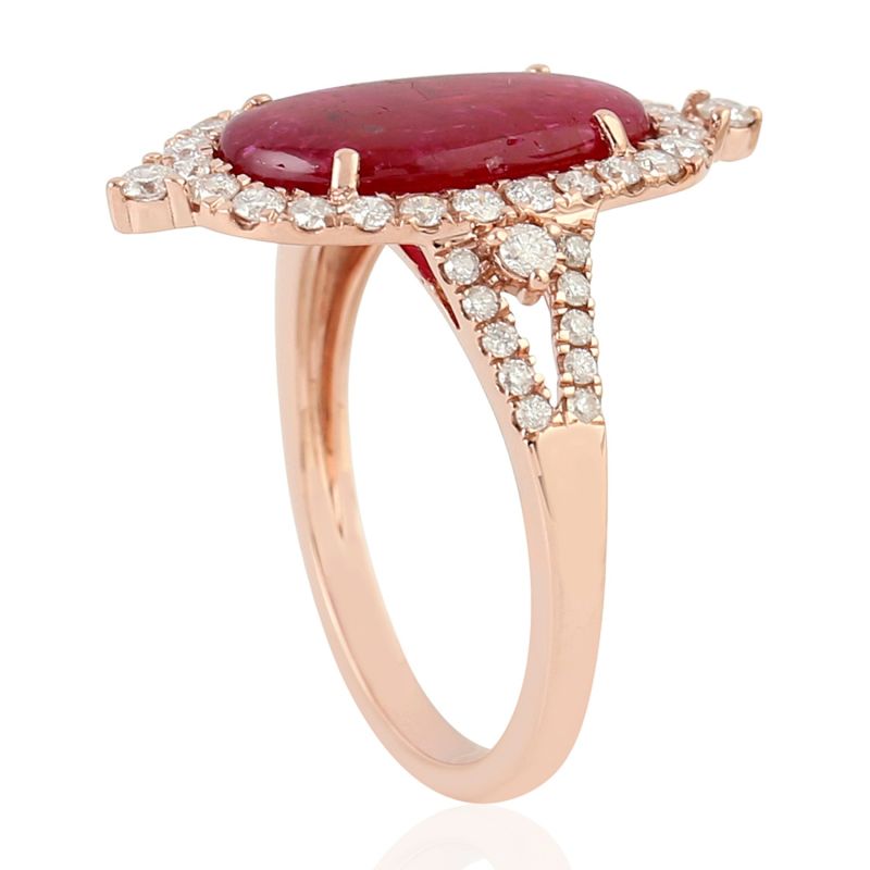 Rose Gold Pave Diamond Natural Ruby Cocktail Ring Handmade image